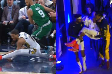 Tyrese Haliburton carried to locker room with towel over head after bad leg injury