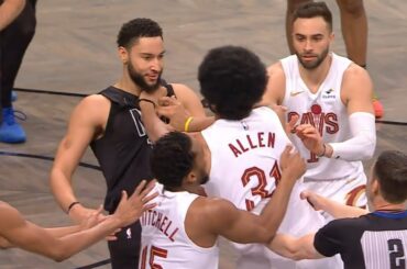 Jarrett Allen charges at Ben Simmons to fight after Ben pushed him to the ground