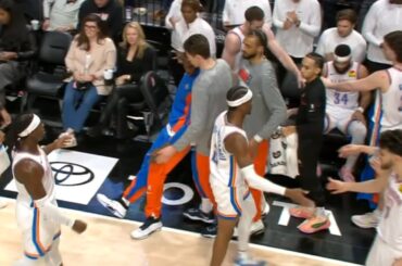 Bismack Biyombo collapses to the floor on OKC bench during a timeout