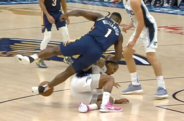 Zion Williamson almost has career ended by Gary Harris falling into his legs 😬