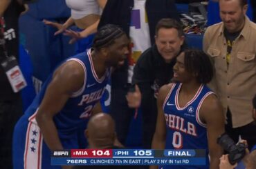 Joel Embiid and Tyrese Maxey argue after almost throwing the game vs Heat 😂