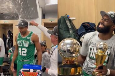 Celtics locker room celebrate advancing to NBA Finals after sweeping Pacers