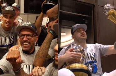 Dallas Mavericks locker room celebrate advancing to NBA Finals