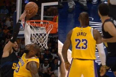 LeBron James stares down Jamal Murray after blocking his poster dunk attempt 😳