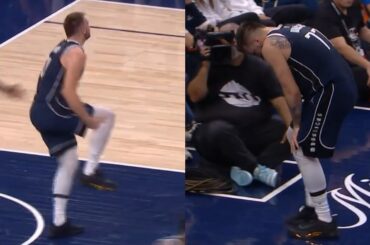 Luka Doncic knee injury but still scores bucket then limps to locker room vs Timberwolves